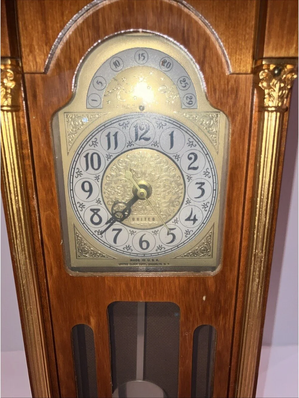 Vintage United Clock Corp. Model 444 Wood Mantel Grandfather Clock 20” WORKS